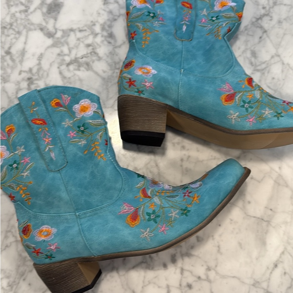 Turquoise Embroidered Western Ankle Boots - Women